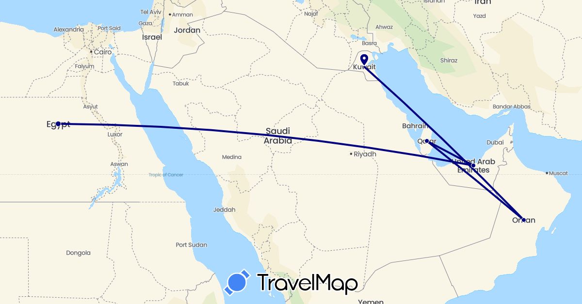TravelMap itinerary: driving in United Arab Emirates, Egypt, Kuwait, Oman, Qatar (Africa, Asia)